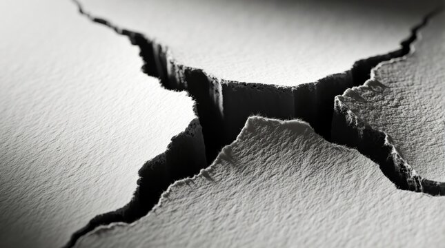 Deep crack splits white paper surface creating chasm. Symbolizes failure, crisis, broken bridge, failed strategy, business collapse, uncertainty.