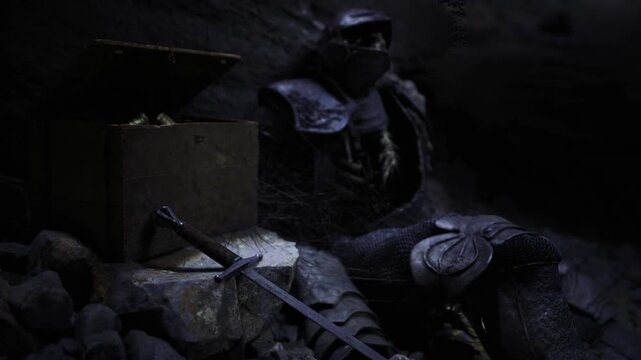 Armored knight collapsed near chest, faint greenish glow highlights scattered coins and shattered armor, eerie stillness suggests cursed treasure and abandoned