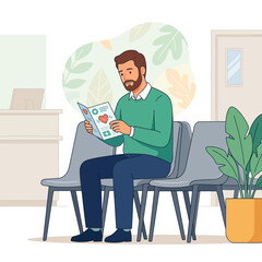Fototapeta premium Man reading healthcare brochure while waiting in doctor's office reception area, flat illustration.