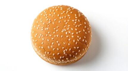 Obraz premium Top view of sesame seed bun on white background. Single bread roll isolated for food design. Fresh bakery product with many seeds on plain surface. Perfect for menu layout cooking recipe concept with