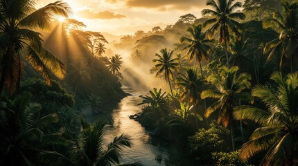 Obraz premium Golden sunset beams pierce misty tropical jungle illuminating river. Rich green palm trees line watercourse. Peaceful remote valley offers scenic natural beauty.