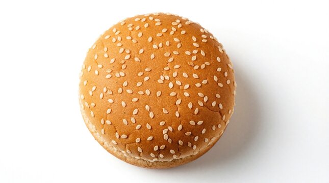 Top view of sesame seed bun on white background. Single bread roll isolated for food design. Fresh bakery product with many seeds on plain surface. Perfect for menu layout cooking recipe concept with