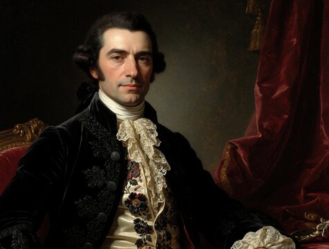 Elegant European aristocrat from 18th century wears ornate velvet jacket lace jabot. Nobleman poses indoors rich crimson drapery setting. Male portrait depicts historical European gentleman.