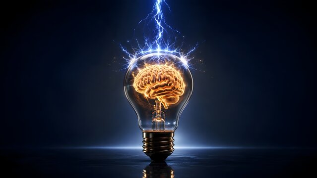 Artificial intelligence and brilliant idea concept showing a glowing brain inside a lightbulb struck by lightning.