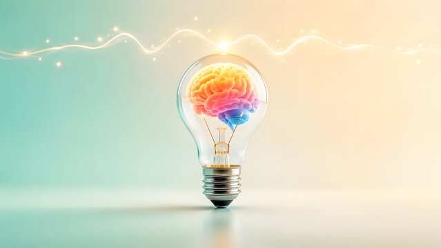 Colorful brain inside a lightbulb surrounded by glowing magical sparkles representing imagination and creative thinking.