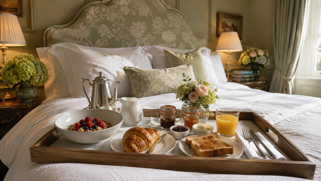Luxury breakfast in bed service for a relaxing morning, offering fresh fruit muesli, croissant, toast, jams, and orange juice