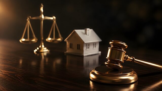 Real estate law and property justice concept with golden gavel scales of justice and a model house on a dark wooden desk.