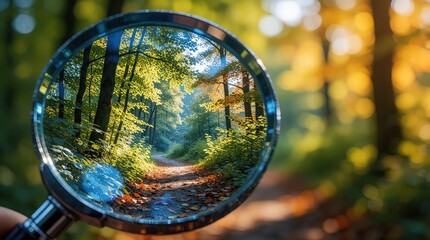 Obraz premium Magnifying glass shows clear forest path through lens. Sunny woodland scene with green leaves, trees reflected in round mirror. Blurred background creates bokeh effect. Nature view through glass tool