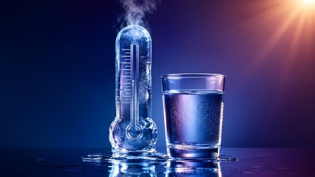Extreme cold temperature concept with a thermometer frozen inside a melting ice block next to a glass of chilled water.