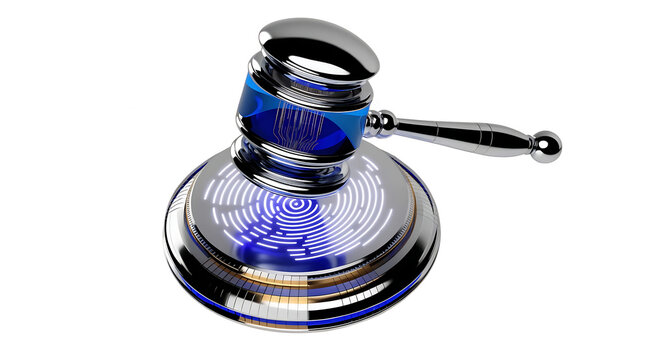 Futuristic gavel with glowing blue light on white background for law and justice concept