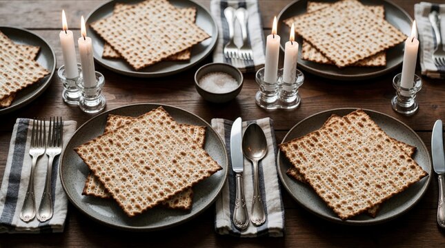 Jewish Seder table set with matzo bread plates, lit candles, salt, and silverware. Family gathers for traditional unleavened bread holiday meal.