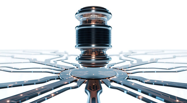 Futuristic gavel judicial gavel law justice court legal technology digital cyber concept modern metallic abstract 3d render white blue circuit