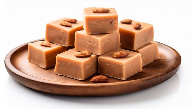 sweet almond fudge stacked on a wooden plate with backgrounimage white background