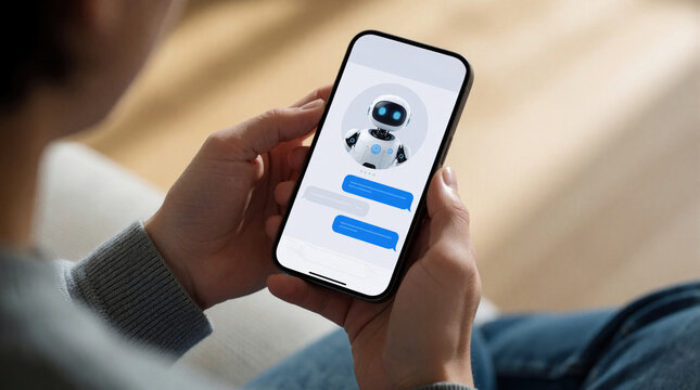 Person holding phone with AI chatbot interface. User chats with robot avatar on mobile device app. Digital communication via artificial intelligence messenger conversation.