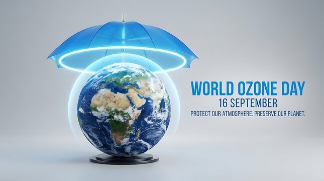 Earth globe protected by blue umbrella for world ozone day