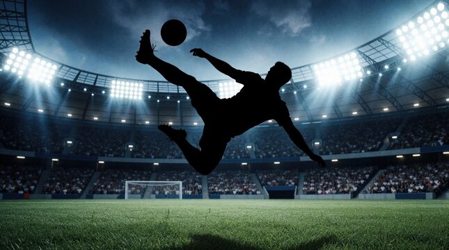 Silhouette of soccer player performing acrobatic overhead kick in stadium. Athlete jumps high to hit ball under bright floodlights. Professional football match atmosphere with crowd in background.