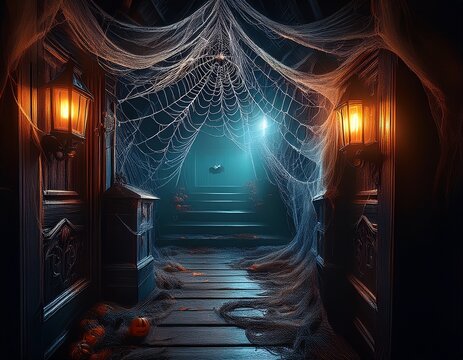 a spooky spiderweb covered doorway leading into a dimly lit haunted house attraction generative ai