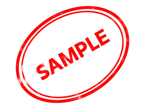 Red sample rubber stamp icon, oval watermark seal with sample text, glossy red ink stamp for business documents and product testing