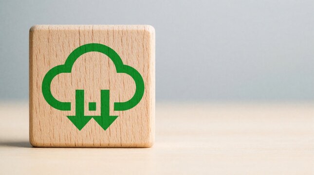 Wooden block shows green cloud symbol with downward arrows indicating carbon reduction. Concept for eco friendly climate solutions and sustainability.