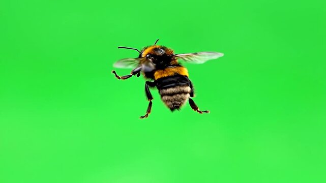 Close-Up Motion Footage of a Bumblebee Flying Against a Green Screen Background for Nature and Educational Themes