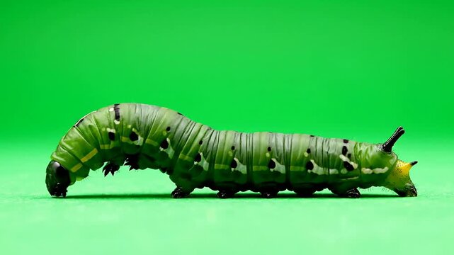 Close-Up of a Green Caterpillar Crawling on a Vibrant Green Background Ideal for Entomology and Nature Studies