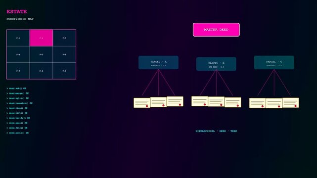 Deed organization diagram shown on screen through a sequence of three varying frames demonstrating architectural structure hierarchy and property parcel division in a digital display format
