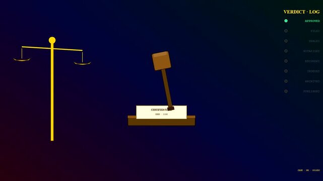 A digital deed oganization process with moving balance scales and a wooden gavel hitting a paper document on a dark gradient background for animation