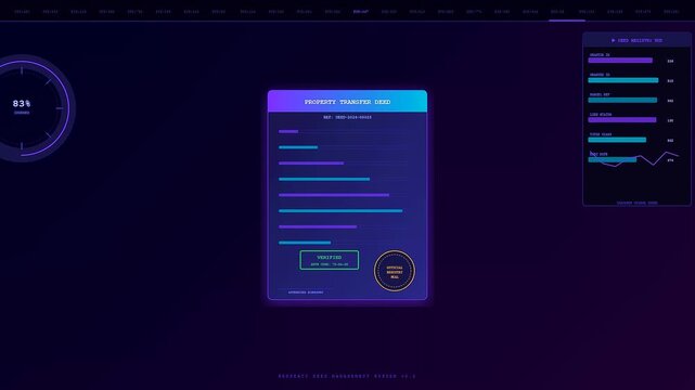 A digital deed oganization process displayed through three consecutive animated frames showing data entry loading bars and verification symbols in a smooth software user interface environment