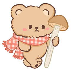 Fototapeta premium Cute Kawaii Bear Wearing a Gingham Scarf Holding a Giant Mushroom Cozy Cottagecore Woodland Illustration