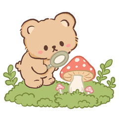 Fototapeta premium Cute Kawaii Bear Exploring a Red Mushroom with a Magnifying Glass Cozy Woodland Foraging Illustration