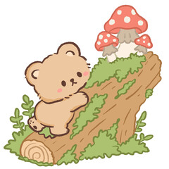 Fototapeta premium Cute Kawaii Bear Climbing a Mossy Fallen Log with Red Mushrooms Cozy Woodland Forest Illustration