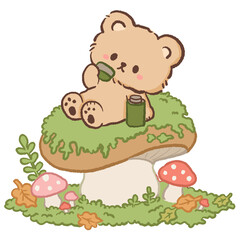 Fototapeta premium Cute Kawaii Bear Sitting on a Giant Mushroom Drinking from a Tiny Green Cup Woodland Cottagecore Illustration