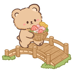 Fototapeta premium Cute Kawaii Bear Walking Across a Wooden Bridge Carrying a Basket of Colorful Mushrooms Woodland Foraging Illustration