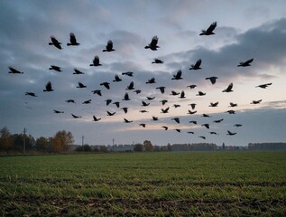 Naklejka premium Flock of crows flies over green field at cloudy dusk. Birds gather in sky over farmland after harvest season. Autumnal landscape with wild birds migration.