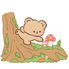Fototapeta premium Cute Kawaii Bear Climbing on a Mossy Tree Log with Red Mushrooms Cozy Woodland Autumn Illustration