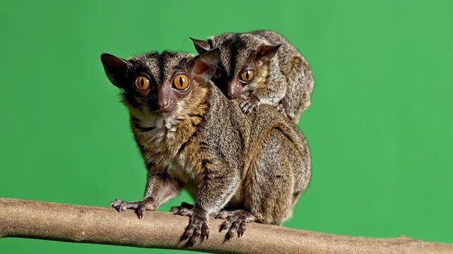 Close-Up Of Two Cute Squirrel Monkeys Interacting On A Branch With Solid Green Background For Easy Compositing And Keying