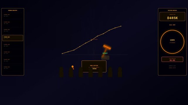 A deed oganization process unfolds as the auction gavel falls on a digital interface tracking financial growth and success within this dark modern terminal display
