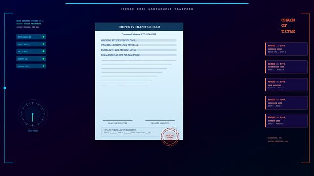 Digital deed organization appears on a glowing computer monitor showing a sequence of property transfer documents moving across the screen in a modern interface