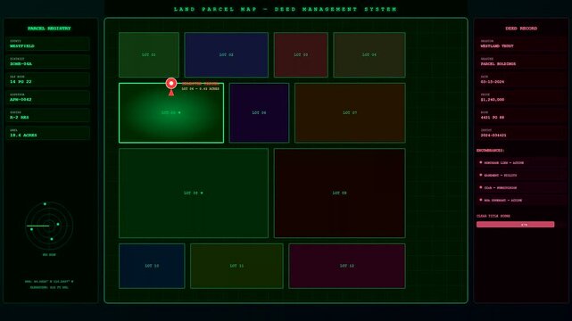 A digital deed organization interface appears in this multi panel display showing land plot mapping software used for tracking property records on a dark green screen