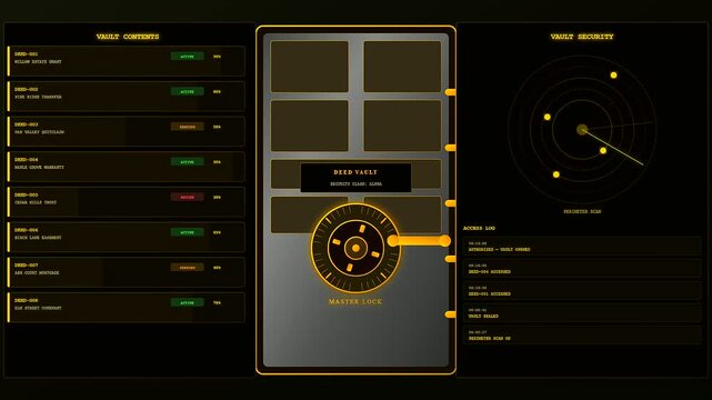 Digital deed organization interface displays multiple secure vault folders with rotating lock dials and perimeter radar scanning animations captured in a dark orange cinematic aesthetic display