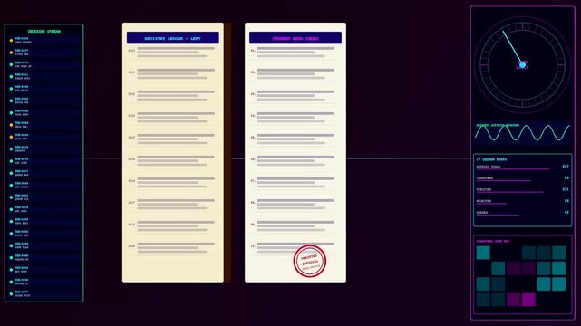 Digital deed organization dashboard presents complex data streams with neon charts and analytical panels showing structured filing records in a dark virtual laboratory software interface screen