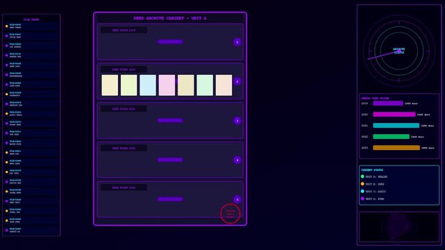 Deed oganization interface screens show digital data management systems with glowing purple nodes and charts appearing on dark monitor panels in a simulated software environment