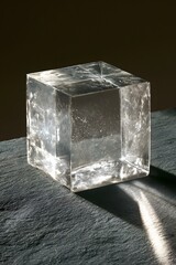 Fototapeta premium Translucent Resin Cube on Dark Slate Field
