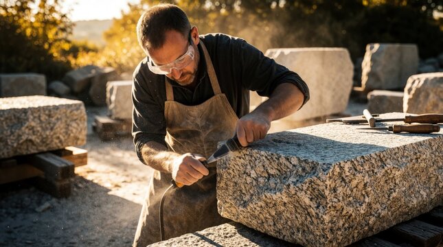 Pro stonemason chisels large granite block outdoors in bright sunlight. Skilled male artisan uses hammer, chisel to carve stone sculpture. Manual labor process of masonry work with dust flying in