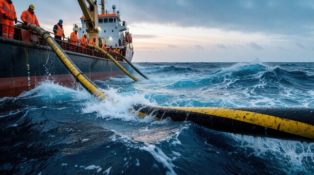 Workers in orange safety gear lay thick yellow submarine cables from large ship into rough ocean waves. Heavy industrial maritime operation involves crew installing undersea power fiber optic lines