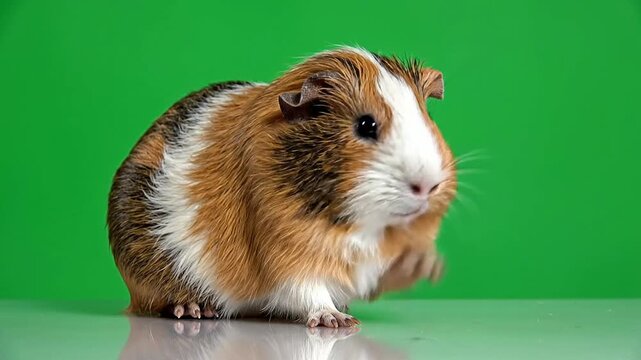 Cute Guinea Pig Standing On Reflective Surface Against Vibrant Green Background Ideal For Pet-Themed Designs And Educational Content