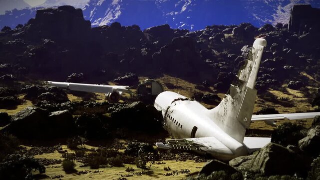 Rescue team approaching crashed jet on sunlit rocky plain, silhouettes moving toward fuselage with gear and stretchers nearby. Image conveys urgency