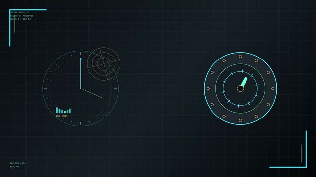 Innovative deed oganization software displays digital clock interface with rotating circular radar elements inside a dark cinematic virtual environment showing progress bar and circular gauges