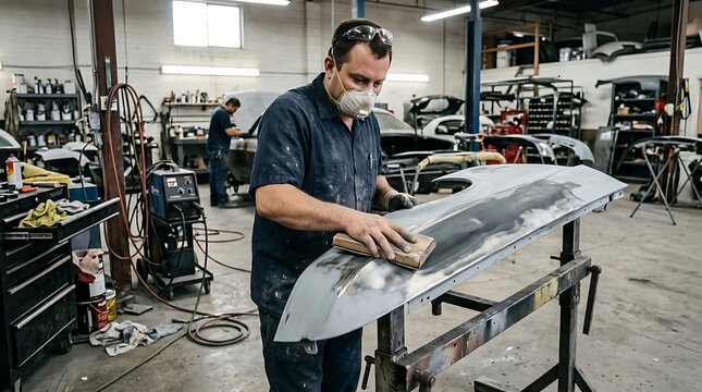 Auto body worker sands car fender in repair shop