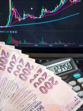 Vertical Shot of Turkish Lira Bills with Calculator and Financial Trading Chart